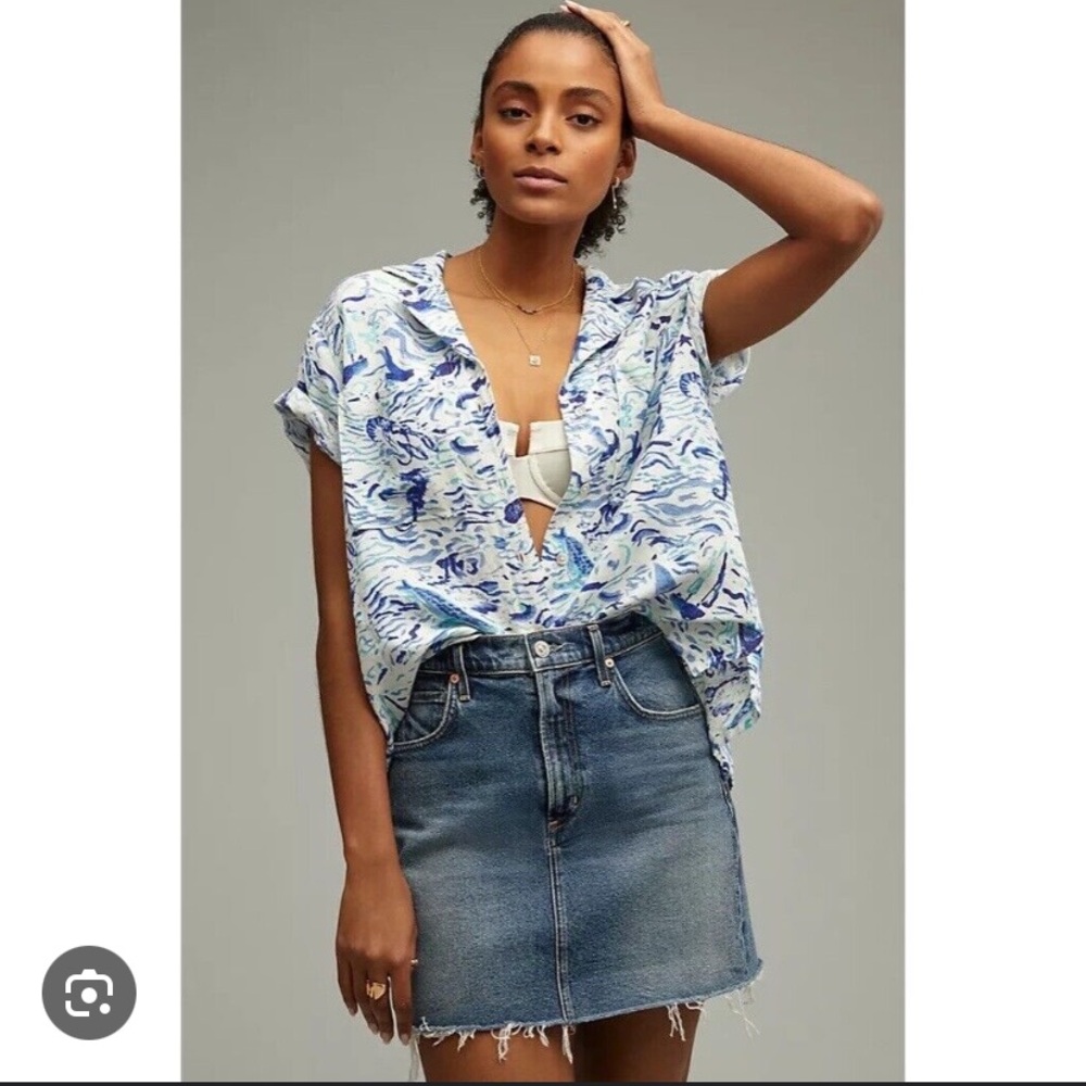 Maeve Blue and White Patterned Blouse